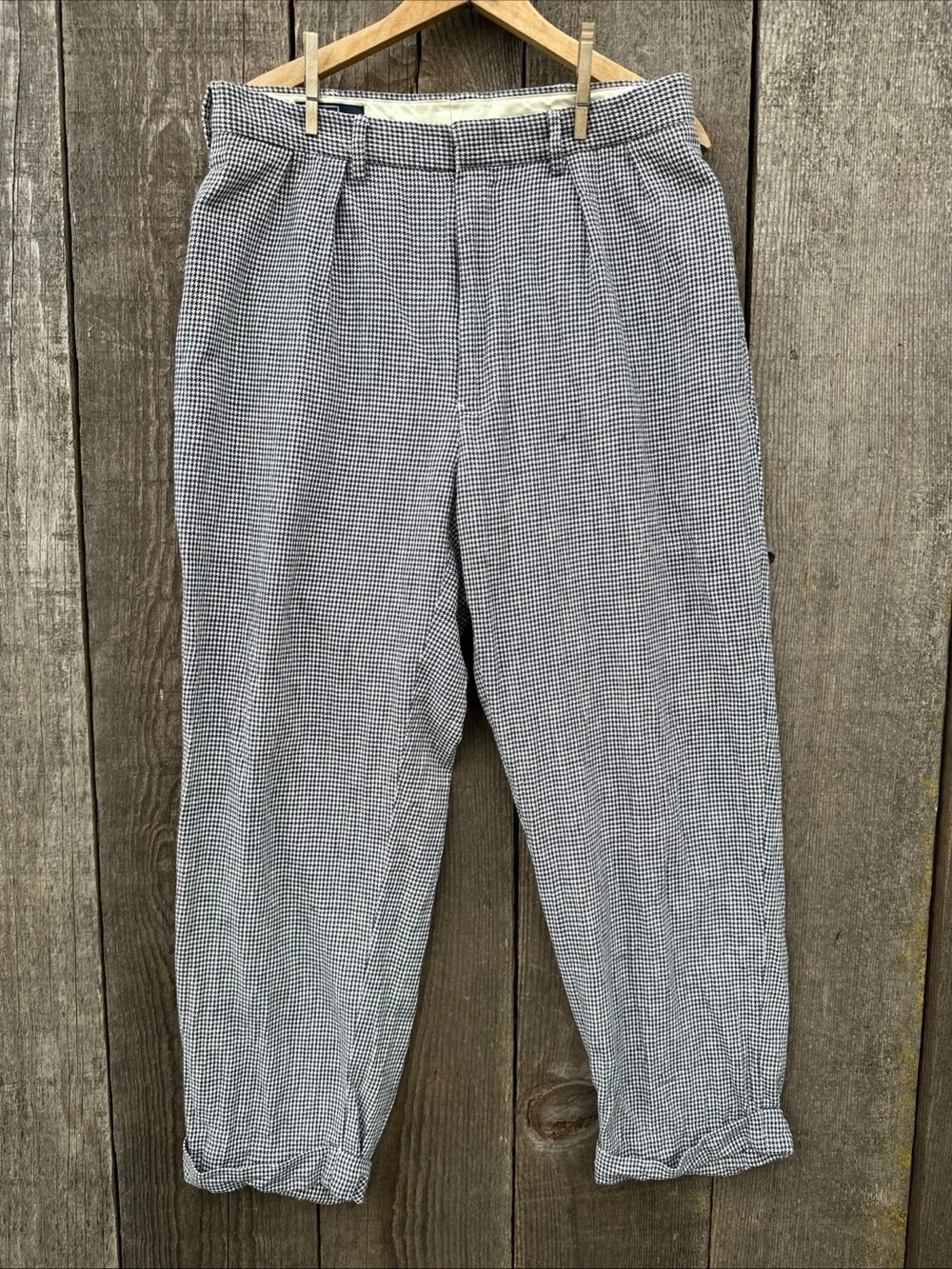 Vintage Polo Ralph Lauren Pleated Linen Cotton Pants 33x28 Houndstooth Trousers